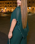 Elegant chiffon dress with rhinestones, polyester and elastane, with fine design and refined appearance.