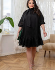 Short dress with a bow and ruffles от марка YR, polyester и spandex, изображение на елегантен дизайн с детайли.