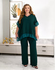 Embroidered blouse and wide-leg trouser set, polyester and lycra, stylish and comfortable for everyday clothing.