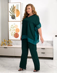 Embroidered blouse and wide-leg trouser set, polyester and lycra, elegant and stylish women's suit