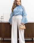 Stylish women’s blouse with ruffles and a high neckline от марка YR, tencel и cotton, Whiteа и елегантна.