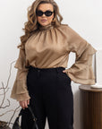 Stylish women’s blouse with ruffles and a high neckline от серия YR, изработена от tencel и cotton, показана на изображението.