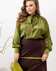 Stylish women’s blouse with a high collar and ties , марка YR, 100% polyester, изображение на модна дреха