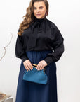 Stylish women’s blouse with a high collar and ties от марка YR, 100% polyester, изображение на блуза с моден дизайн.