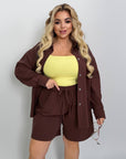 Комплект с linen ени shorts и топ от linen blend , Beige цвят, уup toбен летен дамски комплект.