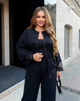 Bomber jacket and trouser set with mesh, polyester, viscose and lycra, stylish and modern for everyday style.