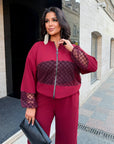 Bomber jacket and trouser set with mesh, polyester, viscose and lycra, stylish women's sporty ensemble.