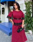 Set with a long skirt and lace, made from polyester, viscose and lycra, image of elegant women's set.