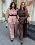 Satin set with a belt, polyester and elastane, delicate and elegant, shown in the image.