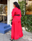 Satin set with a belt, made from polyester and elastane, in soft and luxurious stylish clothing for comfort and elegance.