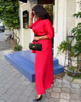 Satin set with a belt, soft and luxurious material, suitable for bed clothing, with delicate design and sparkling finish.