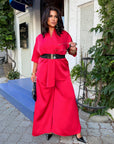 Satin set with a belt, luxurious women's set made from polyester and elastane, suitable for gentle and elegant look.