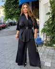 Satin set with a belt, white, with delicate design and smooth texture, made from polyester and elastane.