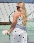 Long polka-dot satin dress