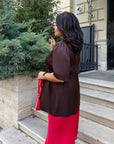 Satin blouse with lace, polyester, viscose and elastane, elegant women's garment with delicate details