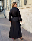 Satin kimono with a belt made from polyester, viscose and elastane, with an elegant design, shown on a model