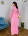 Long dress with mesh от viscose и polyester, модел с елегантен дизайн и прозрачни детайли, показани на изображението.