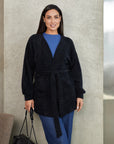 Short fluffy cardigan with belt