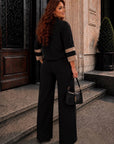 Set with wide-leg trousers made from polyester, viscose and spandex, image of label and materials.