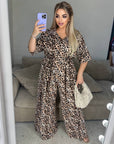 Animal print jumpsuit made of polyester, suitable for everyday style, shown in the image.