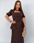 Long dress with detachable peplum belt