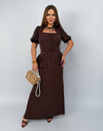 Long dress with detachable peplum belt