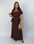 Long dress with detachable peplum belt