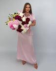 Long dress with detachable peplum belt