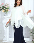 Elegant chiffon dress with a cape, composed of 50% viscose and 50% polyester, shown in the image.