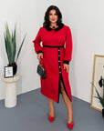 Stylish fitted dress with a statement collar, made from polyester, viscose and spandex, suitable for everyday style.