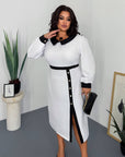 Fitted dress with a statement collar, made from polyester, viscose and spandex, image of stylish women's dress.