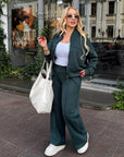 Suede bomber jacket and trouser set in shades of beige, made from polyester, viscose and elastane, for stylish autumn outfit
