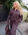 Suede bomber jacket and trouser set from an Italian brand, polyester, viscose and elastane, in grey