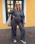 Suede bomber jacket and trouser set, IT, polyester 70%, viscose 20%, elastane 10%, in the image.