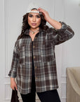 Oversized checked shirt made from cotton and polyester, shown on a model, with white and red patterns, suitable for everyday style.