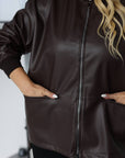 Stylish faux-leather jacket for IT with 100% polyamide, image of fashion model with jacket in the photo.