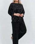 Velvet dress with pearls, with viscose, cotton and elastane, stylish women's set on elegant model.
