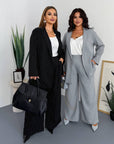 Striped business-style set made from polyester, viscose and spandex, image of elegant business outfit.