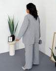 Striped business-style set with polyester, viscose and spandex, image of elegant clothing in business design.
