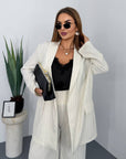 Striped business-style set with polyester, viscose and spandex, image of elegant business outfit.