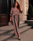 Set with wide-leg trousers made from polyester, viscose and spandex, shown in the image, in a neutral colour and loose fit.