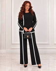 Blouse and trouser set made from polyester, viscose and lycra, with a modern design, image of garments against a white background