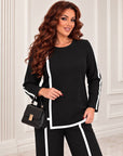 Blouse and trouser set made from polyester, viscose and lycra, in a light colour, suitable for everyday clothing.