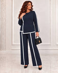 Blouse and trouser set made from polyester, viscose and lycra, in the image.
