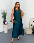 Satin dress and soft jumper set, polyester, viscose and elastane, in elegant and comfortable design.