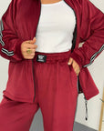 Velvet set, made from viscose, cotton and elastane, shown in the image.