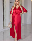 Long evening dress with a slit, модел NewYear25, от polyester, viscose и elastane, показана на изображението.