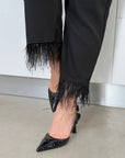 Trousers with stylish feather decoration, polyester, viscose and spandex, modern and elegant for everyday and evening look.