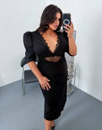 Below-the-knee lace dress, white, with cotton and polyester material, suitable for festive style, image of a model.