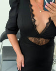 Below-the-knee lace dress made from cotton and polyester, model NewYear25, elegant and suitable for special occasions.